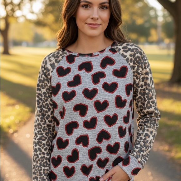 HEIMISH USA Tops - HEIMISH USA Gray Heart Raglan Top with Leopard Sleeves